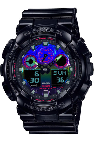 Front view of Casio G-Shock GA-100RGB-1AER Blue Dial Black Resin Mens Watch on white background