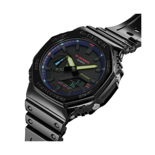 Angle shot of Casio G-Shock GA-2100RGB-1AER Black Resin Mens Watch on white background