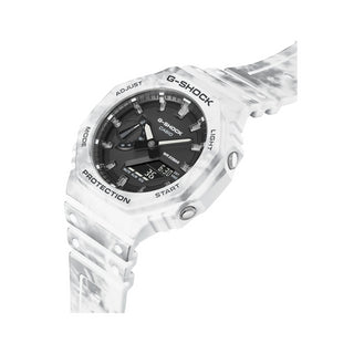 Angle shot of Casio G-Shock GAE-2100GC-7AER Black Dial White Resin Mens Watch on white background