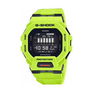 Front view of Casio G-Shock GBD-200-9ER Black Dial Yellow Resin Mens Watch on white background