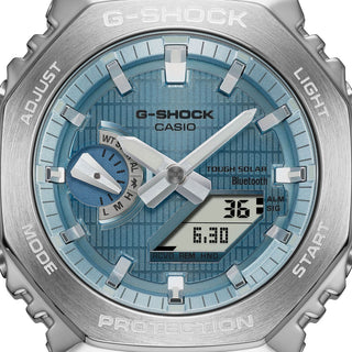 Angle shot of Casio G-Steel Tough Solar Bluetooth® Light Blue Dial GBM-2100A-1A2ER Mens Watch on white background