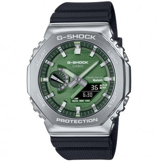 Front view of Casio G-Steel Tough Solar Bluetooth® Green Dial GBM-2100A-1A3ER Mens Watch on white background