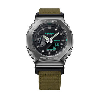 Angle shot of Casio G-Shock GM-2100CB-3AER Black Dial Green Fabric Mens Watch on white background