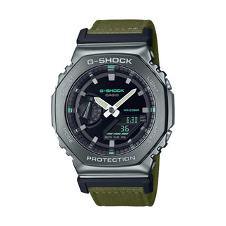 Front view of Casio G-Shock GM-2100CB-3AER Black Dial Green Fabric Mens Watch on white background