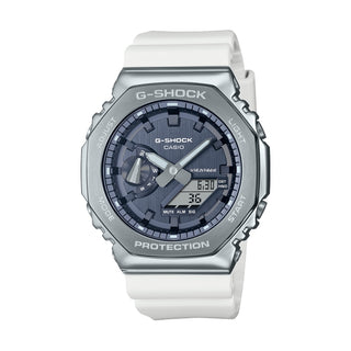 Front view of Casio G-Shock GM-2100WS-7AER Grey Dial White Resin Mens Watch on white background