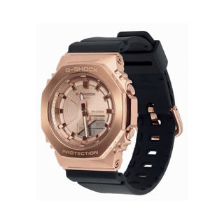 Angle shot of Casio G-Shock GM-S2100PG-1A4ER Rose Gold Dial Black Resin Mens Watch on white background