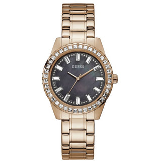 Front view of Guess Sparkler Diamonds GW0111L3 Black Dial Gold Stainless Steel Womens Watch on white background