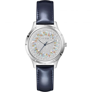 Front view of Guess Glamour GW0299L1 Grey Dial Blue Leather Womens Watch on white background