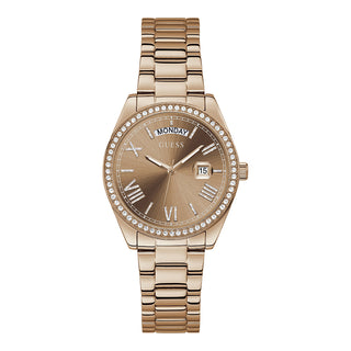 Front view of Guess Luna Diamonds GW0307L3 Brown Dial Rose Gold Stainless Steel Womens Watch on white background