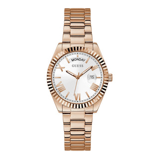 Front view of Guess Luna GW0308L3 White Dial Rose Gold Stainless Steel Womens Watch on white background