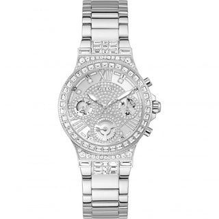 Front view of Guess Moonlight Multi Function Diamonds GW0320L1 Silver Dial Womens Watch on white background