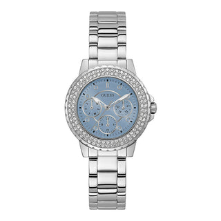 Front view of Guess Crown Jewel Diamonds GW0410L1 Blue Dial Silver Stainless Steel Womens Watch on white background