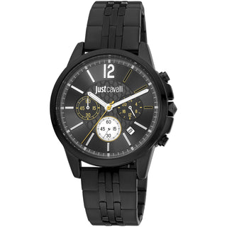 Front view of Just Cavalli Sport JC1G175 Crono Classe Chronograph JC1G175M0285 Grey Dial Black Stainless Steel Mens Watch on white background