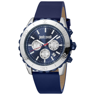 Front view of Just Cavalli Modern JC1G214 Crono Robusto Chronograph JC1G214L0045 Blue Leather Mens Watch on white background