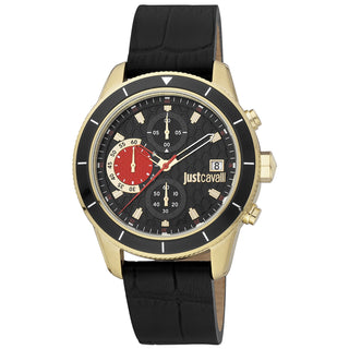 Front view of Just Cavalli Relaxed JC1G215 Crono Maglia Chronograph JC1G215L0025 Black Leather Mens Watch on white background