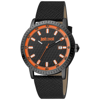 Front view of Just Cavalli Young JC1G216 Regolare JC1G216L0035 Black Leather Mens Watch on white background