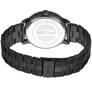 Angle shot of Just Cavalli Young JC1G216 Regolare JC1G216M0075 Blue Dial Black Stainless Steel Mens Watch on white background