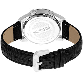 Angle shot of Just Cavalli Relaxed JC1G217 Casuale JC1G217L0025 Blue Dial Black Leather Mens Watch on white background