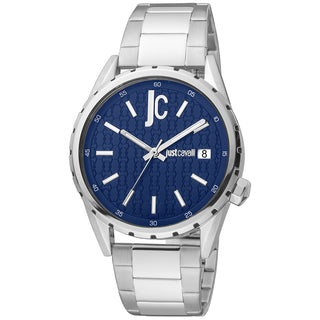 Front view of Just Cavalli Relaxed JC1G217 Casuale JC1G217M0065 Blue Dial Grey Stainless Steel Mens Watch on white background