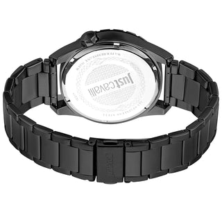 Angle shot of Just Cavalli Relaxed JC1G217 Casuale JC1G217M0075 Grey Dial Black Stainless Steel Mens Watch on white background