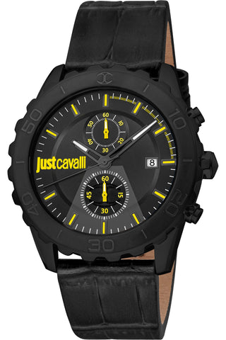 Front view of Just Cavalli Young JC1G242 Sport Chronograph JC1G242L0025 Black Leather Mens Watch on white background