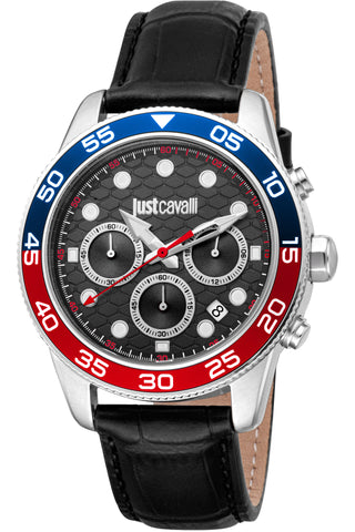 Front view of Just Cavalli Young JC1G243 Visionary Chronograph JC1G243L0225 Black Leather Mens Watch on white background