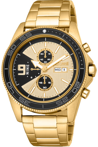 Front view of Just Cavalli Young JC1G282 Subversia Chronograph JC1G282M0055 Gold Stainless Steel Mens Watch on white background