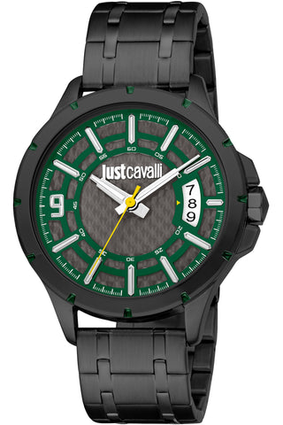 Front view of Just Cavalli Young JC1G283 Maverix JC1G283M0065 Grey Dial Black Stainless Steel Mens Watch on white background