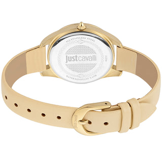 Angle shot of Just Cavalli Animalier JC1L210 Pantera JC1L210L0015 Gold Dial Beige Leather Womens Watch on white background