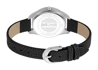 Angle shot of Just Cavalli Animalier JC1L210 Donna finezza JC1L210L0215 Blue Dial Black Leather Womens Watch on white background