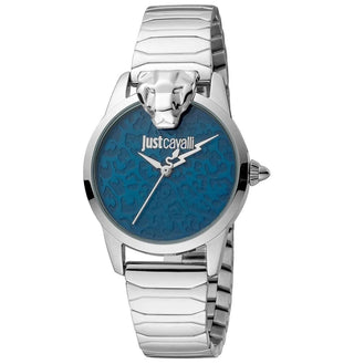 Front view of Just Cavalli Animalier JC1L220 Donna Graziosa JC1L220M0225 Blue Dial Grey Stainless Steel Womens Watch on white background