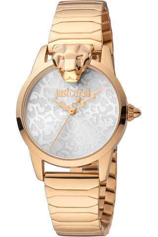 Front view of Just Cavalli Animalier JC1L220 Donna Graziosa JC1L220M0255 Grey Dial Rose Gold Stainless Steel Womens Watch on white background