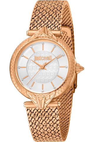 Front view of Just Cavalli Animalier JC1L237 Creazione JC1L237M0075 Grey Dial Rose Gold Stainless Steel Womens Watch on white background