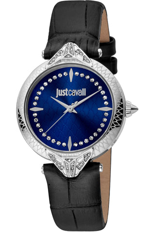 Front view of Just Cavalli Animalier JC1L238 Luce JC1L238L0015 Blue Dial Black Leather Womens Watch on white background