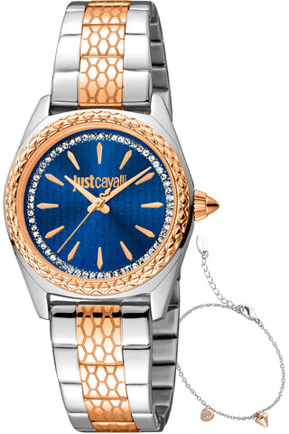 Front view of Just Cavalli SET JC1L239 Fashion Glam JC1L239M0125 Blue Dial Grey Stainless Steel Womens Watch on white background