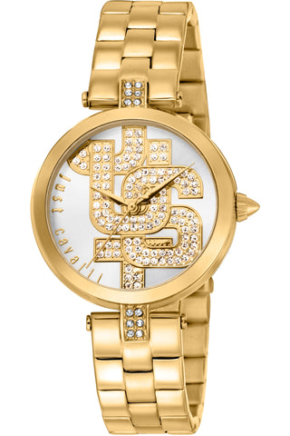 Front view of Just Cavalli Glam Chic JC1L241 Maiuscola JC1L241M0055 Grey Dial Gold Stainless Steel Womens Watch on white background