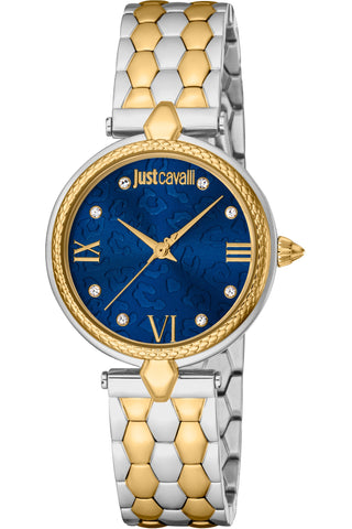 Front view of Just Cavalli Glam Chic JC1L254 Donna Leopardo JC1L254M0095 Blue Dial Grey Stainless Steel Womens Watch on white background