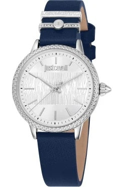 Front view of Just Cavalli Animalier JC1L259 Miraggio JC1L259L0015 Grey Dial Blue Leather Womens Watch on white background