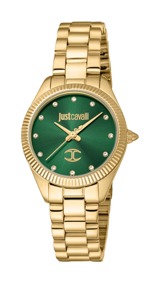 Front view of Just Cavalli Pacentro Collection JC1L267M0065 Gold Stainless Steel Womens Watch on white background