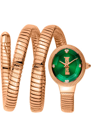 Front view of Just Cavalli Signature Snake JC1L269 After Party JC1L269M0045 Green Dial Rose Gold Stainless Steel Womens Watch on white background