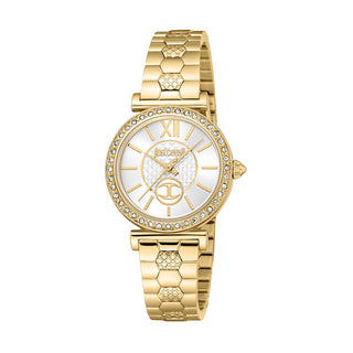 Angle shot of Just Cavalli SET JC1L273 Varenna JC1L273M0055 Grey Dial Gold Stainless Steel Womens Watch on white background