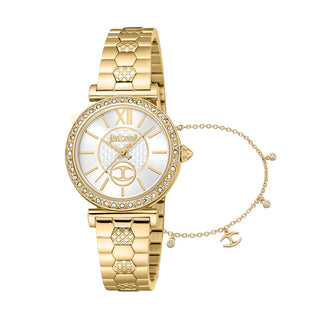 Front view of Just Cavalli SET JC1L273 Varenna JC1L273M0055 Grey Dial Gold Stainless Steel Womens Watch on white background