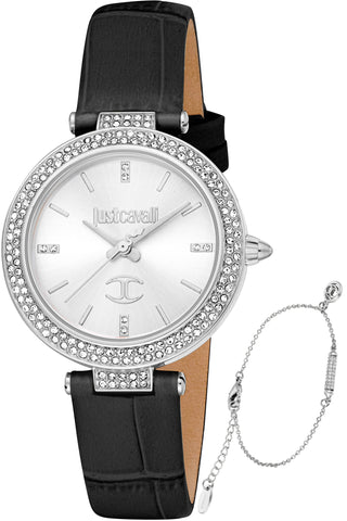 Front view of Just Cavalli SET JC1L274 Savoca JC1L274L0015 Grey Dial Black Leather Womens Watch on white background