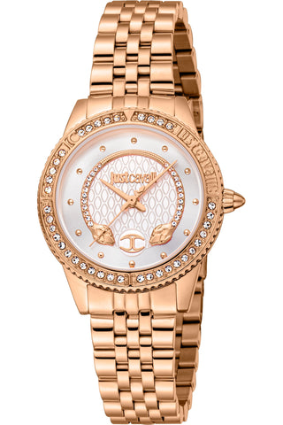 Front view of Just Cavalli Animalier JC1L275 Neive JC1L275M0065 Grey Dial Rose Gold Stainless Steel Womens Watch on white background