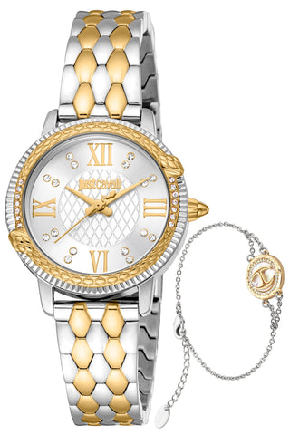 Front view of Just Cavalli SET JC1L276 Viperized JC1L276M0085 Grey Stainless Steel Womens Watch on white background