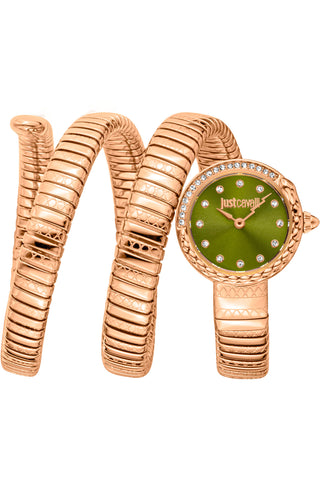 Front view of Just Cavalli Signature Snake JC1L302 Enchanting JC1L302M0045 Green Dial Rose Gold Stainless Steel Womens Watch on white background