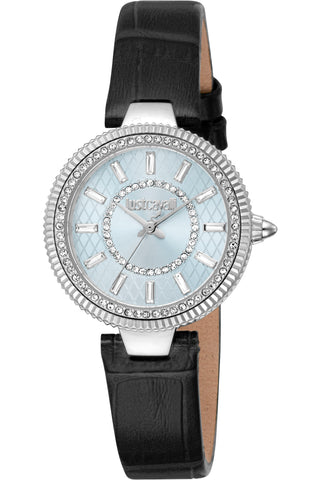 Front view of Just Cavalli Glam Chic JC1L308 Ostentatious JC1L308L0015 Blue Dial Black Leather Womens Watch on white background