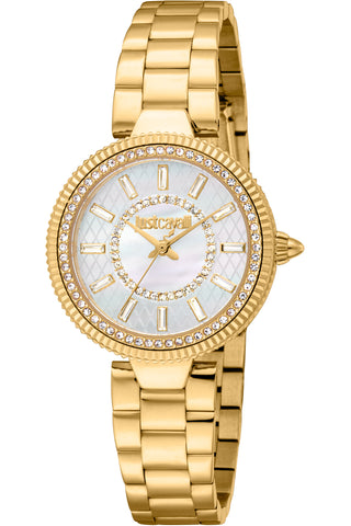 Front view of Just Cavalli Glam Chic JC1L308 Ostentatious JC1L308M0045 Mother Of Pearl Dial Gold Stainless Steel Womens Watch on white background