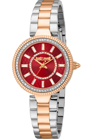 Front view of Just Cavalli Glam Chic JC1L308 Ostentatious JC1L308M0105 Red Dial Grey Stainless Steel Womens Watch on white background