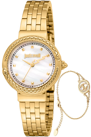 Front view of Just Cavalli SET JC1L311 Brave Snake JC1L311M0025 Mother Of Pearl Dial Gold Stainless Steel Womens Watch on white background